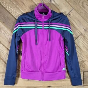 Adidas Track Jacket Womens Small Climalite Hooded Full Zip Striped Purple Navy
